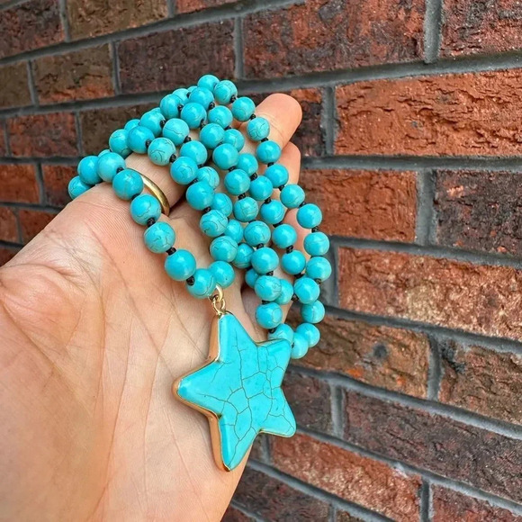 Turquoise Star Natural Stone Beads Bohemian Western Necklace - Picture 8 of 9